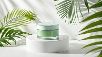 Green cosmetic cream jar on white podium isolated on white background
