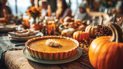 Thanksgiving festive dinner with homemade pumpkin pie, happy people around the table, eating and celebrating holiday together