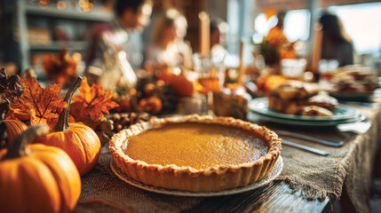 Thanksgiving festive dinner with homemade pumpkin pie, happy people around the table, eating and celebrating holiday together