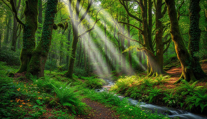 Obraz premium Sunlight streams through lush green forest with a small creek