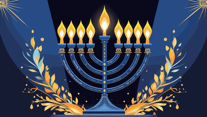 Menorah with lit candles celebrating Hanukkah, artistic design with blue and gold colors