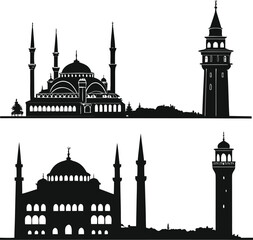 Silhouette of mosque and Taj Mahal with Istanbul architecture illustration