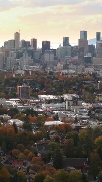 Aerial view of a suburban district and downtown of Vancouver, BC, Canada.