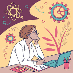 Cartoon woman doctor writing notes at desk illustration