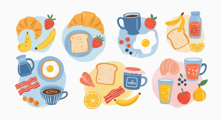 Bright and cheerful collection of delicious breakfast foods and drinks perfect for creating vibrant culinary designs and happy morning scenes