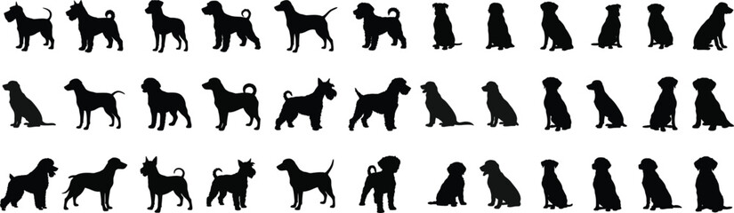 Collection of diverse dog breed silhouettes posed in various stances for design elements animal pet companionship silhouette