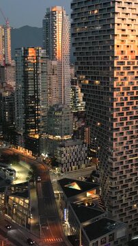Aerial view on downtown of Vancouver at dusk, Canada. Speed ramp
