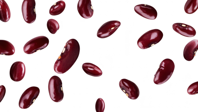 A scattering of red kidney beans against a clean white background. their glossy texture and natural shape. ideal for culinary or health-related stock imagery