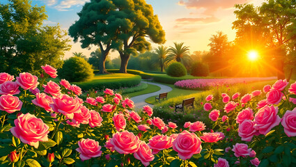 Vibrant rose garden at midsummer golden hour