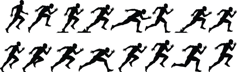 Silhouette sequence of sprinters running animation frames dynamic motion athletic sports figures silhouette