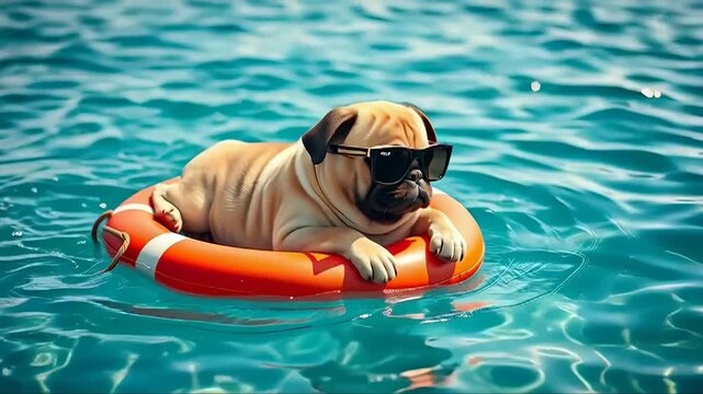 A playful pug lounges on an orange float in a clear blue swimming pool. The sun shines brightly as the dog wears stylish sunglasses, enjoying a fun summer day.