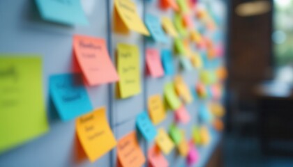 Colorful sticky notes on a whiteboard in a blurred office setting.