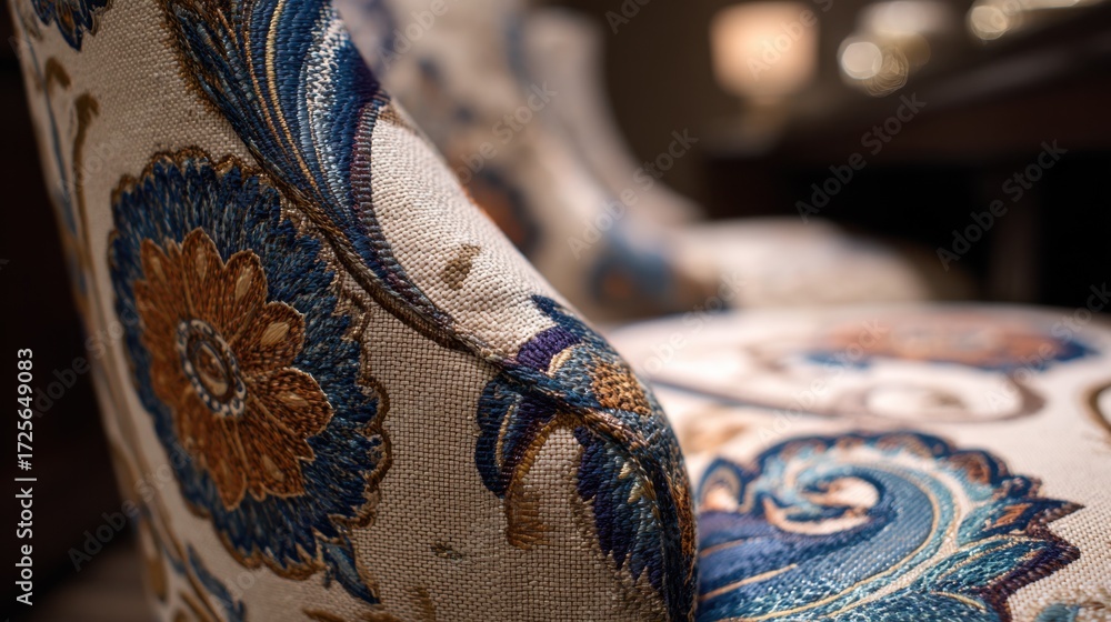Poster closeup view of a custom upholstered chair showcasing rich fabric patterns with the main texture in 