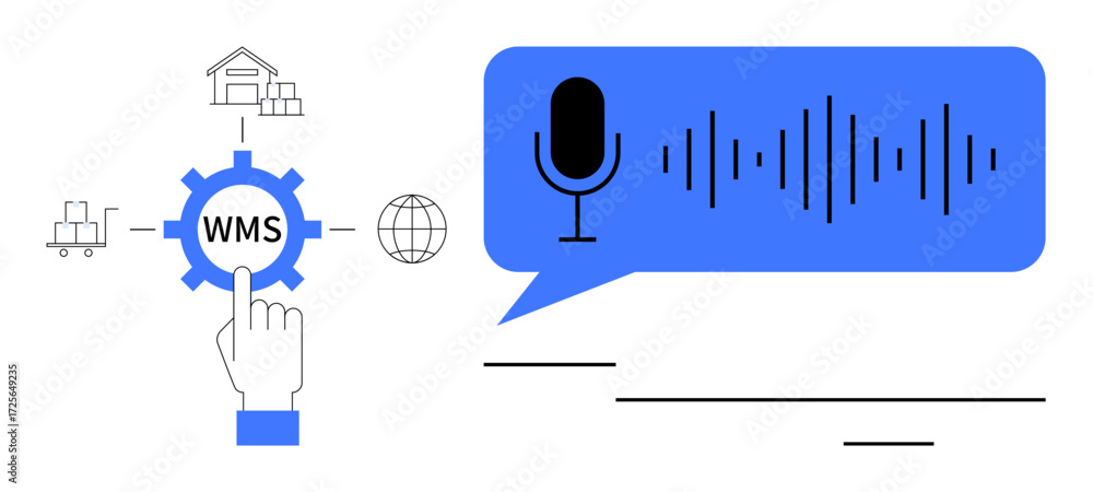 Poster hand interacting with wms gear, warehouse, delivery, globe, voice command waveforms in dialogue box.