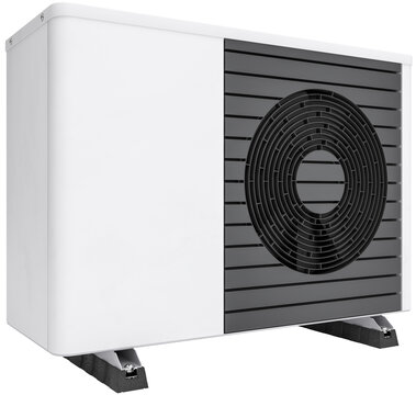 Photorealistic 3d render of a fictitious air source heat pump  with vibration dampers.