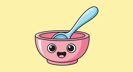 A cheerful pink bowl with a smiling face and a blue spoon inside, ready for use.