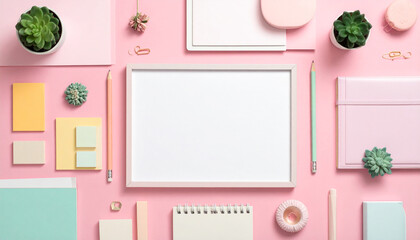 A flat lay overhead shot of a minimalist pink desk setup with various stationery items, small succulent plants, and a blank white frame for copy space.