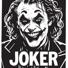 Joker Character Vector — Black and White Stylized Illustration with Sinister Grin, Chaotic Makeup, Suit, and Bold Typography