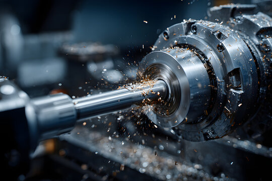 Close up scene the CNC lathe machine groove cutting the metal shaft parts.