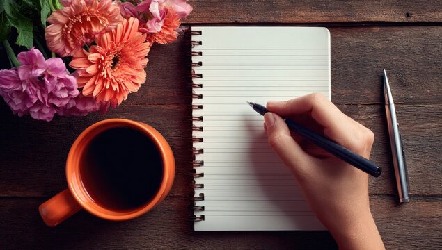A hand writes in a spiral-bound notebook, nestled amongst colorful flowers and a mug of coffee, creating a serene and thoughtful workspace atmosphere.