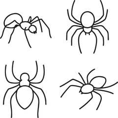 spider line art silhouette icons set side, front, back, and top views vector art illustration