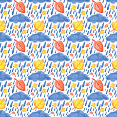 Seamless autumn pattern made with colored pencils. Botanical illustration with clouds, rain and bright autumn leaves. A child's drawing. For textiles, packaging, wallpaper, tableware.