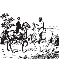 Vintage Equestrian Scene Vector — Black and White Stylized Illustration of Two Riders in Formal Attire with Horses and Observers