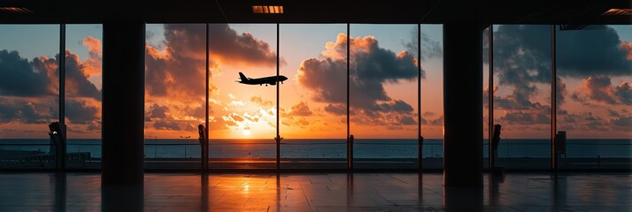 Airplane silhouette taking off over the ocean at sunset viewed from a modern airport terminal with dramatic clouds and reflections