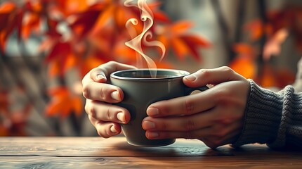 Hands holding a steaming mug with autumn leaves in the background on a wooden surface table top