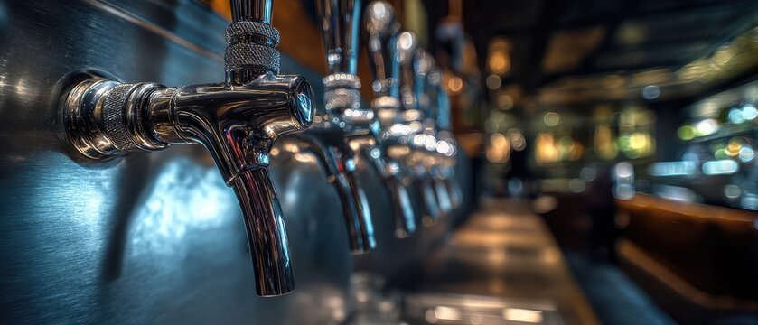 The Beer Taps Lined Along a Polished Bar Counter with Warm Ambient Lighting
