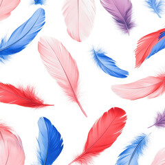 A arrangement of colorful feathers in shades of red. blue. pink. and purple scattered across a clean white background. ideal for use in design projects or decorative themes