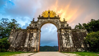Fototapeta premium Arched Entrance at Dusk with Golden Ornament and Cloudy Sky