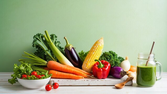 A vibrant arrangement of fresh vegetables including carrots, peppers, and greens, alongside a green smoothie in a jar, ideal for healthy living.