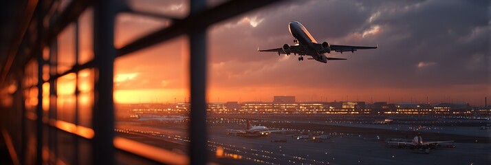 Stunning airplane takes flight against a vibrant sunset sky over a bustling airport with glowing city lights below, evoking adventure and global travel
