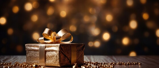 Composition of Christmas gift and Christmas tree lighting in dark room with blurred bokeh,  Generative AI