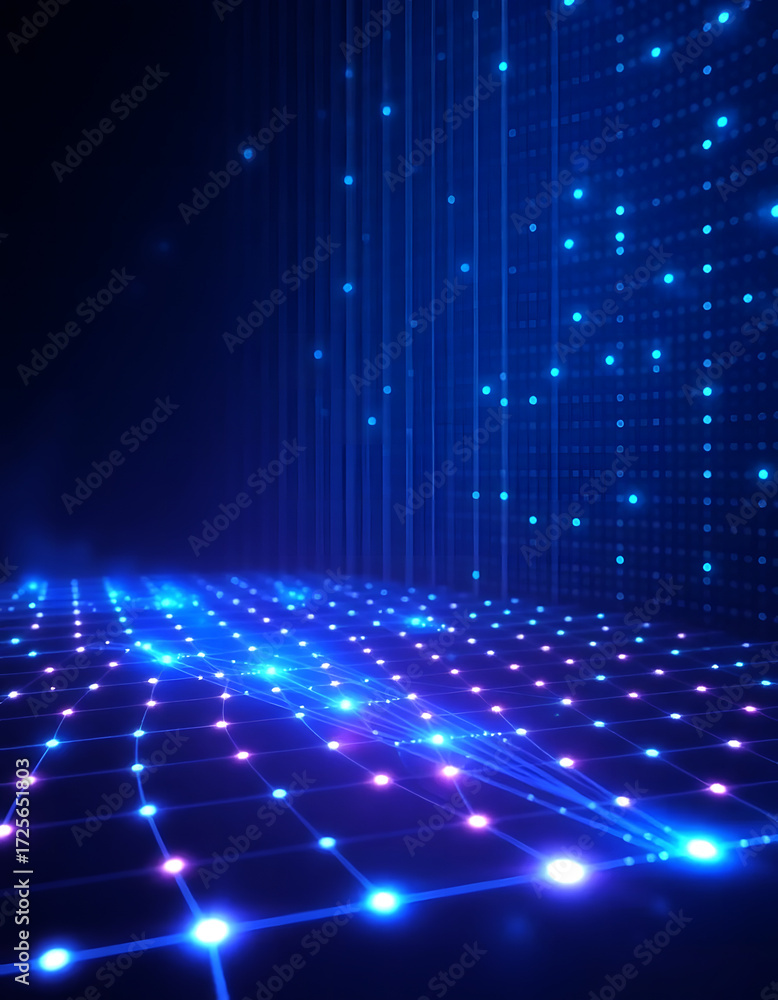 Fototapete modern data node digital grid matrix abstract technology background, glowing pixel network, futurist