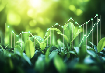 A financial chart showing upward trends, with green arrows and eco-friendly icons like leaves or solar panels, representing the growth of green investments.