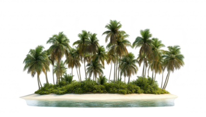 A serene tropical island featuring a cluster of palm trees surrounded by calm waters. lush greenery and a sandy beach. ideal for travel and relaxation themes