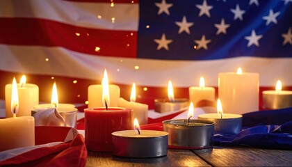 Memorial Candles Aglow with American Flag Backdrop for Remembrance