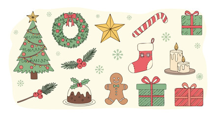 Vibrant collection of festive Christmas elements like trees, gifts, stockings, and treats, perfect for holiday designs and seasonal celebrations
