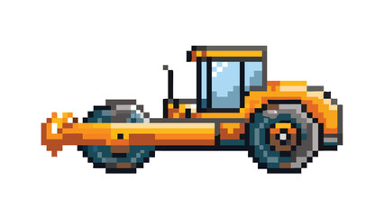 Road Roller 8-Bit Pixel Art Sprite. Isolated Construction Vehicle Game Asset