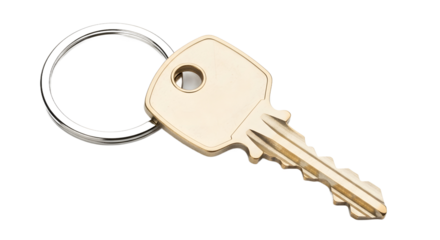 A single brass house key on a metal keyring, a plain object isolated against a clean white background for real estate or security concepts