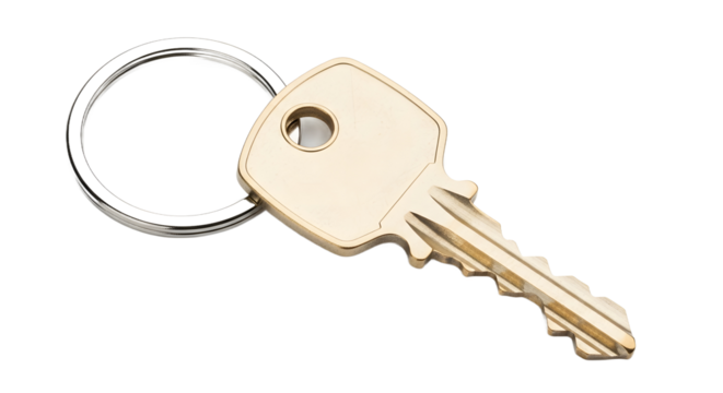 A single brass house key on a metal keyring, a plain object isolated against a clean white background for real estate or security concepts
