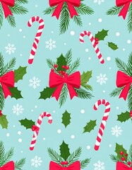 Christmas pattern with candy canes, holly, bows, and snowflakes