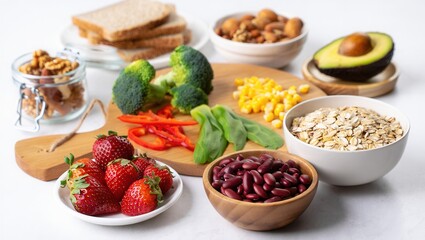 A variety of fresh ingredients including vegetables, fruits, and grains arranged for meal preparation. Ideal for healthy cooking and nutrition.