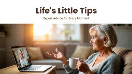 An elderly woman enjoying a video call while holding a cup of coffee in a cozy living room. The scene conveys warmth and connection.