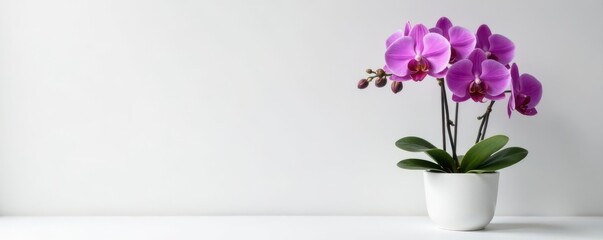 Obraz premium Elegant purple orchid in white pot, minimalist frame mockup, color, purple orchid, product