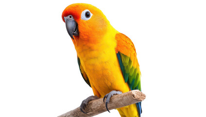 A sun conure perched on a natural branch. its brilliant orange. yellow. and green feathers against a clean white background. ideal for wildlife and pet photography