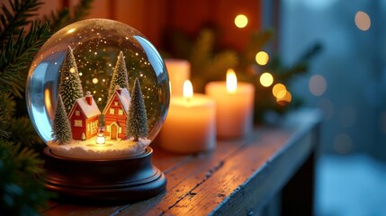 Cozy holiday scene with snow globe and candles on rustic wooden table