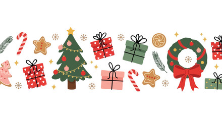 Vibrant festive seamless pattern featuring Christmas trees, gifts, gingerbread cookies, candy canes, and wreaths for joyful holiday designs.